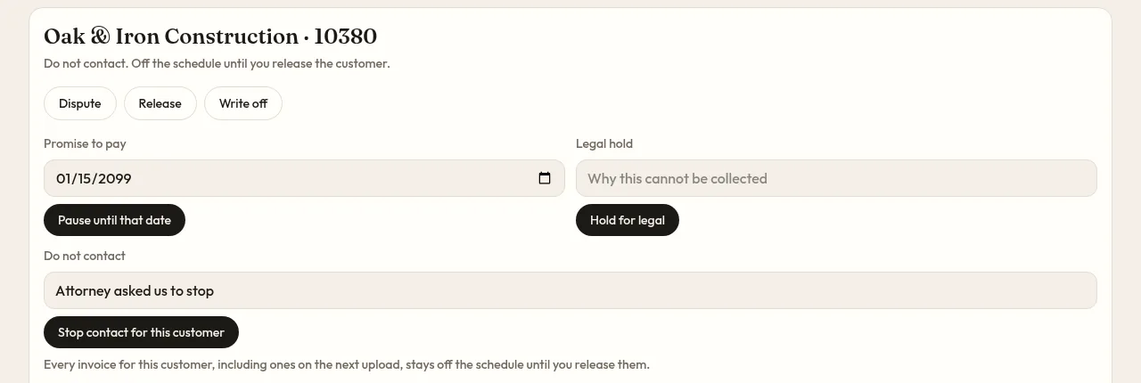 Invoice detail for a sample customer showing the options to dispute, release, or write off, set a promise-to-pay date, place a legal hold, or stop contact for the customer.